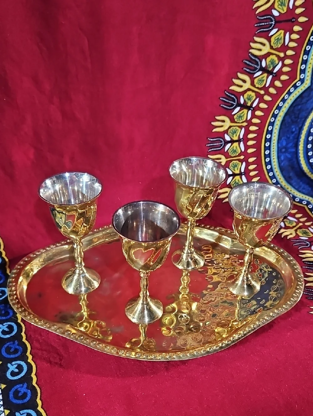 Brass Miniature Chalice Goblet Set with Tray - Made in India Vintage